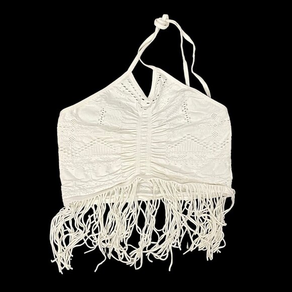 Intimately Free Women Fringe Halter Crop Top Tie Neck Sz XS Ivory Summer 7-14 - Picture 5 of 9